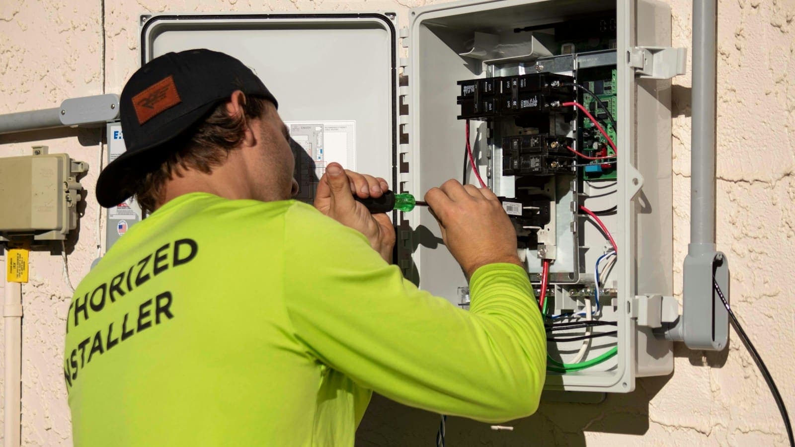A technician working on an electrical panel